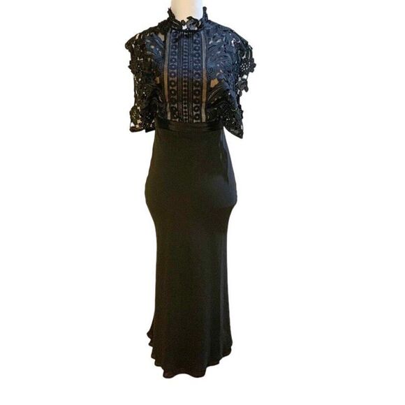 Self-Portrait Guipure Lace and Crepe Midi Evening Dress Black US 4 Small - Picture 1 of 12